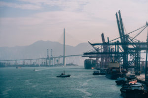 Asia, China, Hong Kong, Hong Kong Island, Victoria Harbor, Stonecutters Bridge, harbor scenery in the container terminal, Asia, China, Hong Kong, Hong Kong Island, Victoria Harbor, Stonecutters Bridge, harbor scenery in the container terminal,